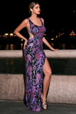 Sparkly Purple Mermaid Floral Scoop Long Prom Dress with Slit