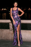 Sparkly Purple Mermaid Floral Scoop Long Prom Dress with Slit