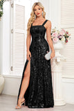 Sparkly Sequin Black A Line Long Prom Dress with Slit
