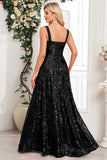 Sparkly Sequin Black A Line Long Prom Dress with Slit