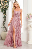Sparkly Sequin Black A Line Long Prom Dress with Slit