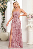 Sparkly Sequin Black A Line Long Prom Dress with Slit