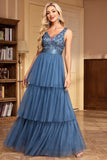 Grey Blue A Line V-Neck Tiered Maxi Prom Dress