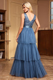 Grey Blue A Line V-Neck Tiered Maxi Prom Dress