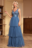 Grey Blue A Line V-Neck Tiered Maxi Prom Dress