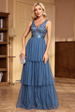 Grey Blue A Line V-Neck Tiered Maxi Prom Dress
