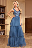 Grey Blue A Line V-Neck Tiered Maxi Prom Dress
