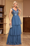 Grey Blue A Line V-Neck Tiered Maxi Prom Dress