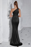 Burgundy One Shoulder Mermaid Long Prom Dress with Slit