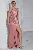 Burgundy One Shoulder Mermaid Long Prom Dress with Slit