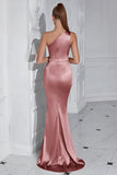 Burgundy One Shoulder Mermaid Long Prom Dress with Slit