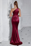 Burgundy One Shoulder Mermaid Long Prom Dress with Slit