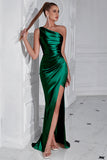Burgundy One Shoulder Mermaid Long Prom Dress with Slit
