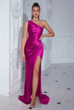 Burgundy One Shoulder Mermaid Long Prom Dress with Slit