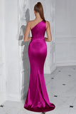 Burgundy One Shoulder Mermaid Long Prom Dress with Slit