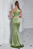 Burgundy One Shoulder Mermaid Long Prom Dress with Slit
