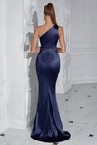 Burgundy One Shoulder Mermaid Long Prom Dress with Slit
