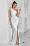 Burgundy One Shoulder Mermaid Long Prom Dress with Slit