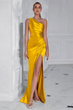 Burgundy One Shoulder Mermaid Long Prom Dress with Slit