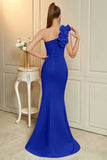Simple Red Mermaid Ruffled One Shoulder Maxi Prom Dress with Slit