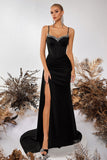Sparkly Black Mermaid Spaghetti Straps Long Prom Dress with Side Cape