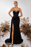 Sparkly Black Mermaid Spaghetti Straps Long Prom Dress with Side Cape
