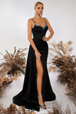 Sparkly Black Mermaid Spaghetti Straps Long Prom Dress with Side Cape