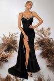 Sparkly Black Mermaid Spaghetti Straps Long Prom Dress with Side Cape