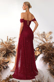Sparkly Burgundy Sequin Off the Shoulder Long Corset Prom Dress with Slit