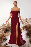 Sparkly Burgundy Sequin Off the Shoulder Long Corset Prom Dress with Slit