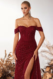 Sparkly Burgundy Sequin Off the Shoulder Long Corset Prom Dress with Slit
