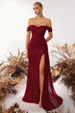 Sparkly Burgundy Sequin Off the Shoulder Long Corset Prom Dress with Slit