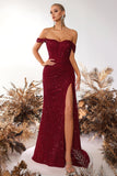 Sparkly Burgundy Sequin Off the Shoulder Long Corset Prom Dress with Slit