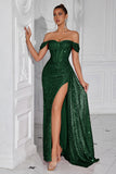 Sparkly Burgundy Sequin Off the Shoulder Long Corset Prom Dress with Slit