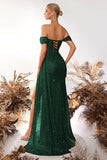 Sparkly Burgundy Sequin Off the Shoulder Long Corset Prom Dress with Slit