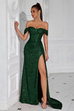 Sparkly Burgundy Sequin Off the Shoulder Long Corset Prom Dress with Slit