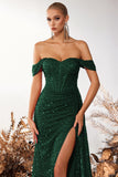 Sparkly Burgundy Sequin Off the Shoulder Long Corset Prom Dress with Slit