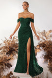 Sparkly Burgundy Sequin Off the Shoulder Long Corset Prom Dress with Slit