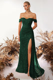 Sparkly Burgundy Sequin Off the Shoulder Long Corset Prom Dress with Slit