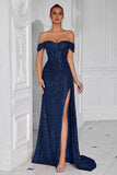 Sparkly Burgundy Sequin Off the Shoulder Long Corset Prom Dress with Slit