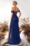 Sparkly Burgundy Sequin Off the Shoulder Long Corset Prom Dress with Slit