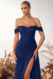Sparkly Burgundy Sequin Off the Shoulder Long Corset Prom Dress with Slit