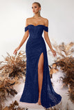 Sparkly Burgundy Sequin Off the Shoulder Long Corset Prom Dress with Slit