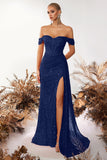 Sparkly Burgundy Sequin Off the Shoulder Long Corset Prom Dress with Slit