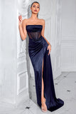 Navy Corset Strapless Mermaid Maxi Prom Dress with Slit