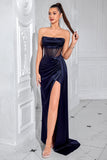 Navy Corset Strapless Mermaid Maxi Prom Dress with Slit