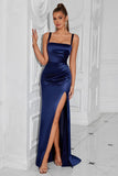 Simple Navy Ruched Mermaid Maxi Prom Dress with Slit