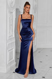 Simple Navy Ruched Mermaid Maxi Prom Dress with Slit
