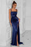 Simple Navy Ruched Mermaid Maxi Prom Dress with Slit
