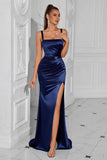 Simple Navy Ruched Mermaid Maxi Prom Dress with Slit